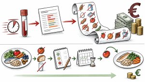 Gegenüberstellung einer schnellen kostenintensiven Labordiagnostik und eines schrittweisen Ernährungsprozesses