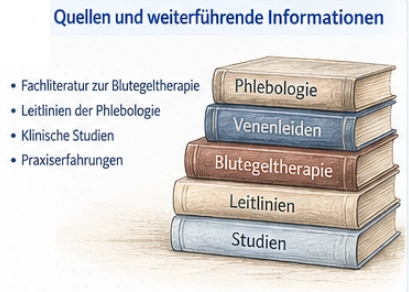 Illustration mit Fachbüchern zur Phlebologie,
 Blutegeltherapie,
 Leitlinien und klinischen Studien