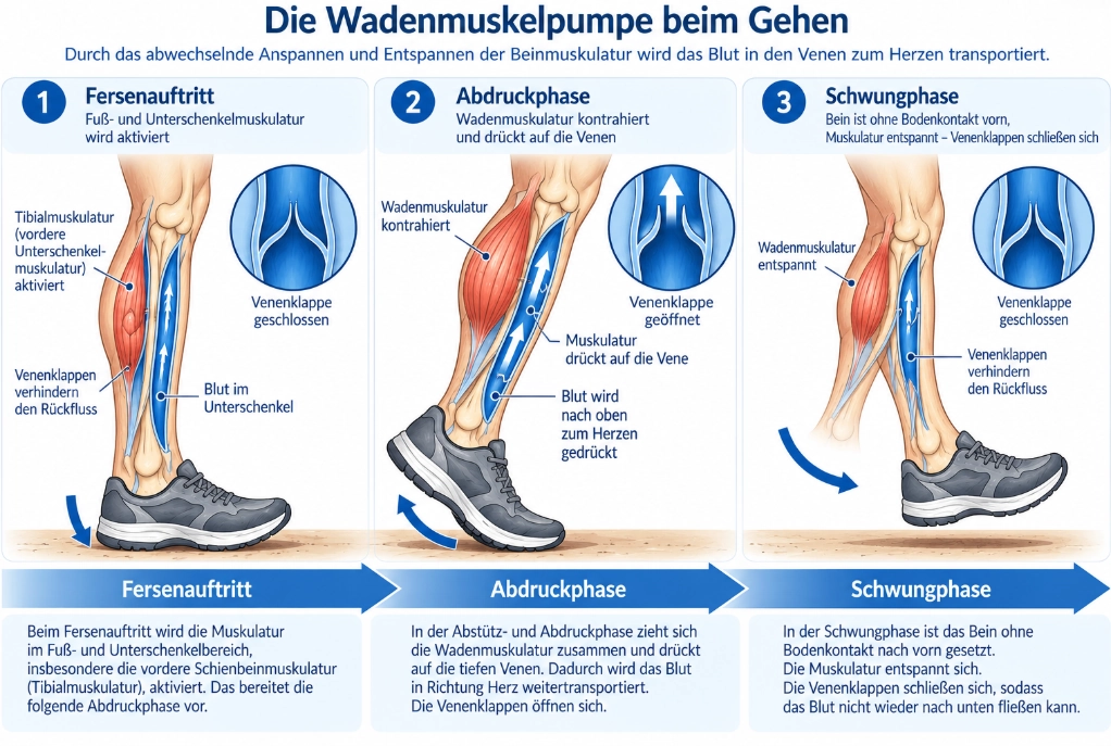 Drei Gangphasen der Wadenmuskelpumpe: Fersenauftritt,
 Abdruckphase und Schwungphase mit Darstellung der Venenklappen
