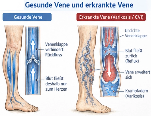 Vergleich einer gesunden Vene mit intakten Venenklappen und einer erweiterten Vene mit gestörtem Blutrückfluss